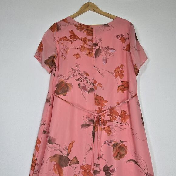 VTG Norm Thompson Maxi Dress Sz L Pink Peach Floral Chiffon Lined Short Sleeve - Picture 9 of 16